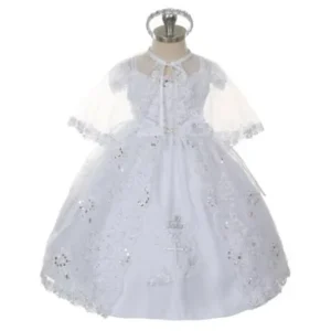 Rain Kids Little Girls White Embroidered Brooch Headband Cape Baptism Dress 4