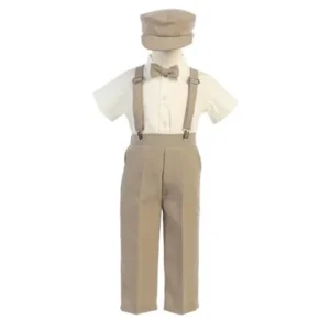 Lito Baby Boys Khaki Suspender Pants Hat Outfit Set 12-18M