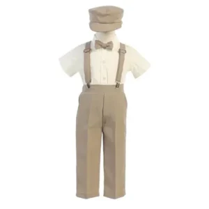 Little Boys Khaki Suspender Pants Hat Outfit Set 2T-6