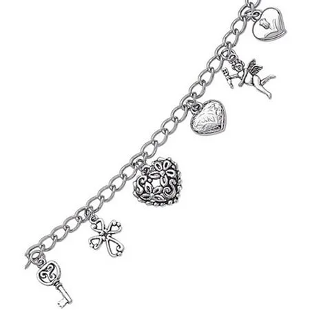 Silver-Plated Sweet Hearts Charm Bracelet, 7.5"