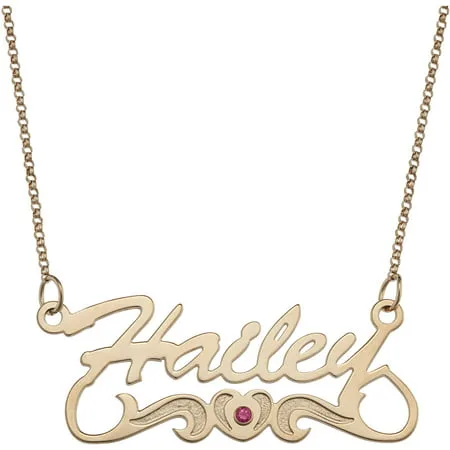 Personalized Women's 14kt Gold over Silver Script Nameplate with Birthstone Heart Tail Necklace, 18"