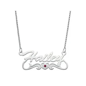 Personalized Script Nameplate with Birthstone Heart Tail Sterling Silver Necklace, 18"