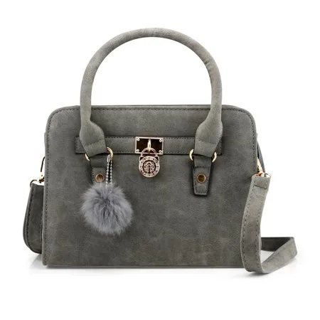 Lady Women Lock Faux Leather Tote Hobo Shoulder Bag Cute Purse fur ball Satchel Fashion Luxury Handbag