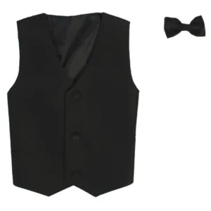 Boys Black Poly Silk Vest Bowtie Special Occasion Set 8-14