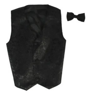 Boys Black Paisley Poly Silk Vest Bowtie Special Occasion Set 12/14