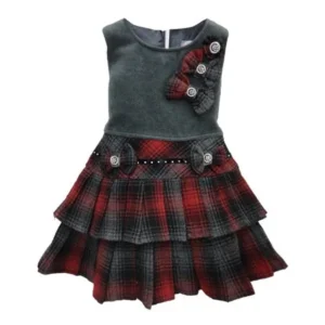 Little Girls Grey Red Plaid Bow Accented Tiered Pleated Christmas Dress 6