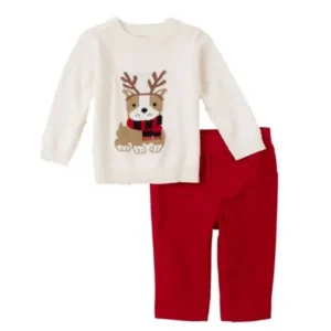 Childrens Place Infant Boys Outfit White Puppy Sweater & Red Pants Set
