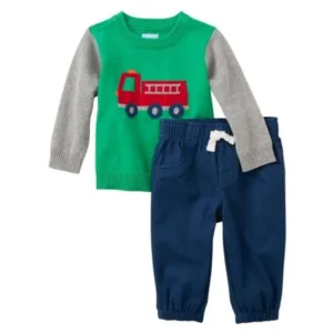 Childrens Place Infant Boys Outfit Green Fire Truck Sweater Blue Pants Set