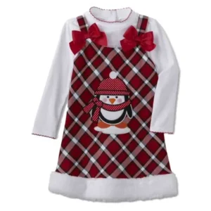 Youngland Infant Toddler Girls 2 PC Penguin Plaid Dress Outfit Jumper Shirt