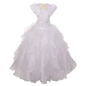 RainKids Big Girls White Sequin Flower Layer Organza Tulle Communion Dress 16