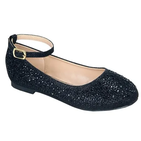 Girls Black Glittery Bejeweled Ankle Buckle Strap Dress Shoes 11-3 Kids