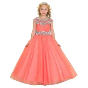 Girls Coral Sparkle Accents Organza Pageant Dress 7-12