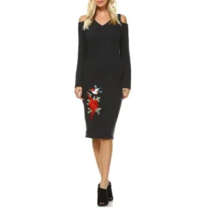 Women's Olympia Cut-Out Shoulder Embroidered Midi Sweater Dress