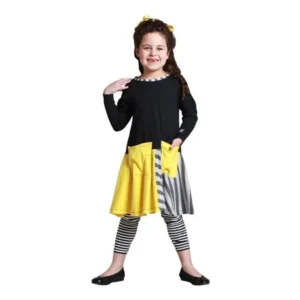 KidCuteTure Girls Honey Yellow Black Striped Luna Fall Designer Dress 7-10