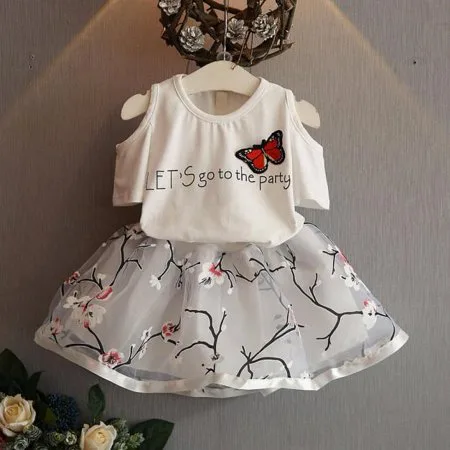 Kids Girls Letter Butterfly Shirt Top Flowers Skirt Set Clothing 110