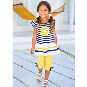 Kids Girls Daisy Flower Stripe Shirt Top Bow Pant Set Clothing 80