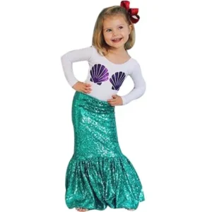 1Set Fashion Kids Girl Shell Print T-shirt Tops+Mermaid Skirt Outfits Clothes