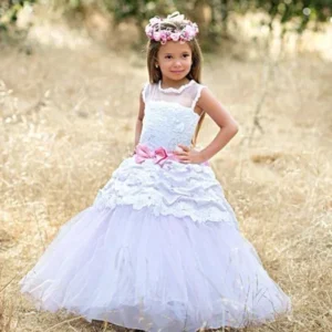 Little Girls White Pink Fancy Tier Bow Accent Rosina Flower Girl Dress