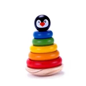 Adorable Wooden Penguin 6 Piece Ring Rainbow Stacker Toy for Babies 1 Year Olds & Up, Developmental