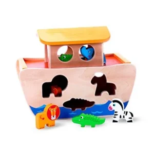 Premium Wooden "Noah's Ark" Animal Toy for Kids, Removable Top & Working Drawbridge, Shape Sorter