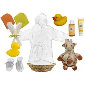 Baby Shower Gift - White Bath Robe Baby Gift Basket - Giraffe 11 Piece Gift Set