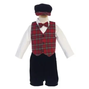 Lito Baby Boys Red Black Plaid Pattern Vest Velvet Knicker Set Outfit 3-24M