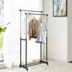 Double Rails Adjustable Free Standing Rolling Garment Rack, Stainless Steel Heavy Duty Clothing Portable Indoor Balcony Hanging Drying Stand Mobile Rack for Clothes Outdoor Sale Display
