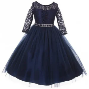 Big Girls' Dress Lace Top Rhinestones Tulle Holiday Christmas Party Flower Girl Dress Navy Size 12 (M37BK2)