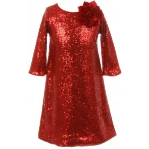 Little Girls Shiny Sequin Short Sleeve Holiday Christmas Party Flower Girl Dress Red 4 (K40D8)