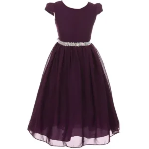 Little Girls Dress Short Sleeve Chiffon Rhinestone Belt Holiday Party Flower Girl Dress Eggplant Size 2 (K64K20)