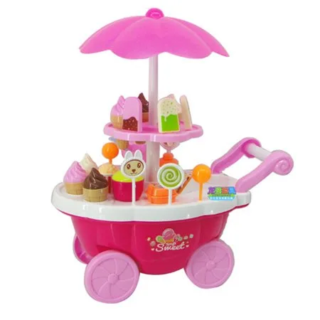 Simulation Small Carts Girl Candy Cart Ice Cream Shop Supermarket Trolley Car Kids Toys With Light Music Home Playing Toys