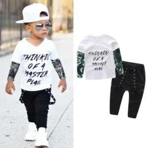 Newborn Infant Baby Boy Letter Tattoo T shirt Tops Pants Outfits Clothes Set