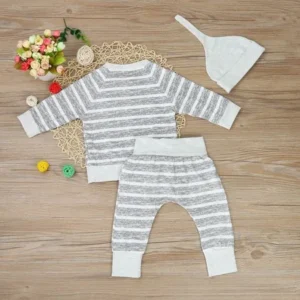 3pcs Newborn Kid Baby Boy Girl Clothes Stripe T-shirt Tops+Pants+Hat Outfits Set