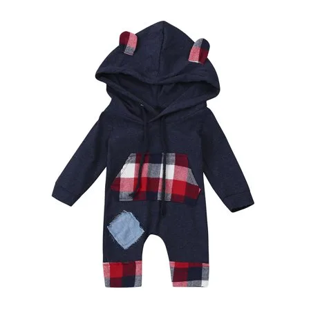 Cute Newborn Kid Baby Bear Grid Hoodie Boys Girls Outfits Clothes Jumpsuit