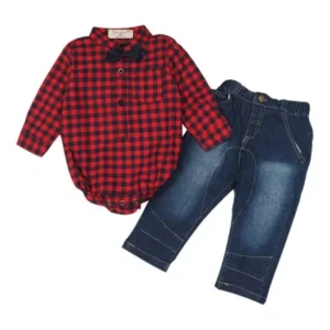 1Set Infant Toddler Baby Boys Grid Print T-shirt Tops+Pants Outfits Clothes