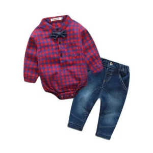 2Pcs Infant Toddler Baby Boys Grid Print Tops Romper+Pants Outfits Clothes Set