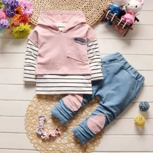 Toddler Kids Baby Boy Girls Outfits Hooded Stripe T-shirt Tops+Pants Clothes Set