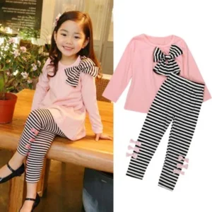 2Pcs Kids Baby Girls Clothing Long Sleeve Bowknot Dress T-Shirt+Stripe Pants Set