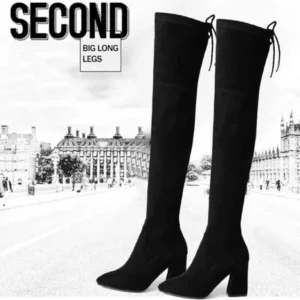 Hot Sale NEW Fashion Scrub Leather Women Fashion Knee High Boots Over The Knee Boots Lace Up Sexy Hoof Heels Ladies Stretch Fabric Boots(Black)