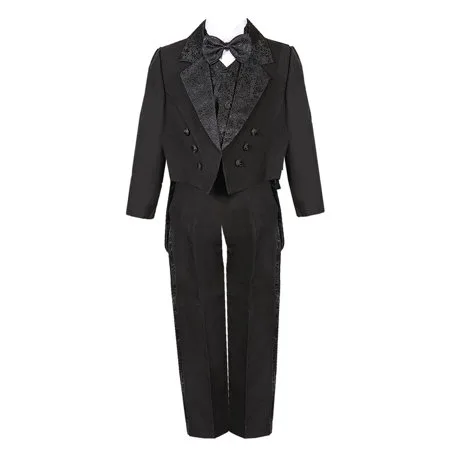 Little Boys Black 5 Piece Vest Pants Tail Jacket Jacquard Tuxedo Suit