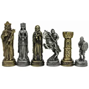 Medieval Chess and Checkers Game Set, Pewter Chessmen and Black Stained Wood Board with Storage Drawers, 15"