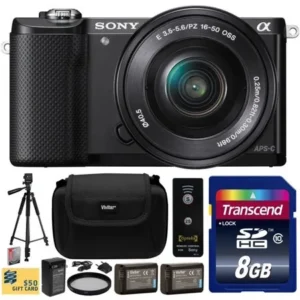 Sony Alpha A5000 20.1 MP Interchangeable Mirrorless Lens Camera with 16-50mm OSS Lens ILCE5000Lwith 8GB Class 10 SDHC Memory Card + x2 NP-FW50 Battery + Charger + Tripod + Case + $50 Gift Card