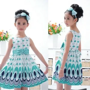 Hot Sale Kids Girls Bow Belt Sleeveless Peacock Dress Party Outfits Clothing
