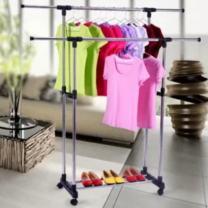 Plastic and Stainless Steel Double Rod Hangrail Department Store Style Clothes / Garment Floor Display Rack