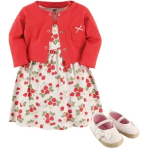 Hudson Baby Newborn Baby Girls' Cardigan, Dress & Shoes 3pc Set