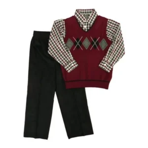 Dockers Boys 3-Piece Outfit Burgundy Argyle Sweater Vest Shirt Corduroy Pants