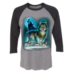 Full Moon Wolf Native Spirit 3/4 Raglan Tee Jersey Black Heather / Grey Large