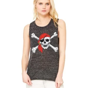 Jolly Roger Pirate Flag Women's Muscle Tank Tee Black Marble Small