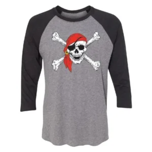 Jolly Roger Pirate Flag 3/4 Raglan Tee Jersey Black Heather / Grey X-Large