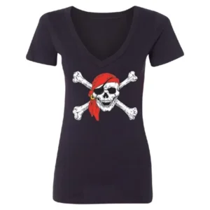 Jolly Roger Pirate Flag Women's Deep V-neck Tee Black Small